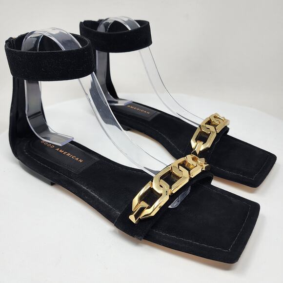 Good American Ankle Wrap Sandals Women 9 Black Suede w/ Gold Chain Detail EUC - Picture 2 of 11